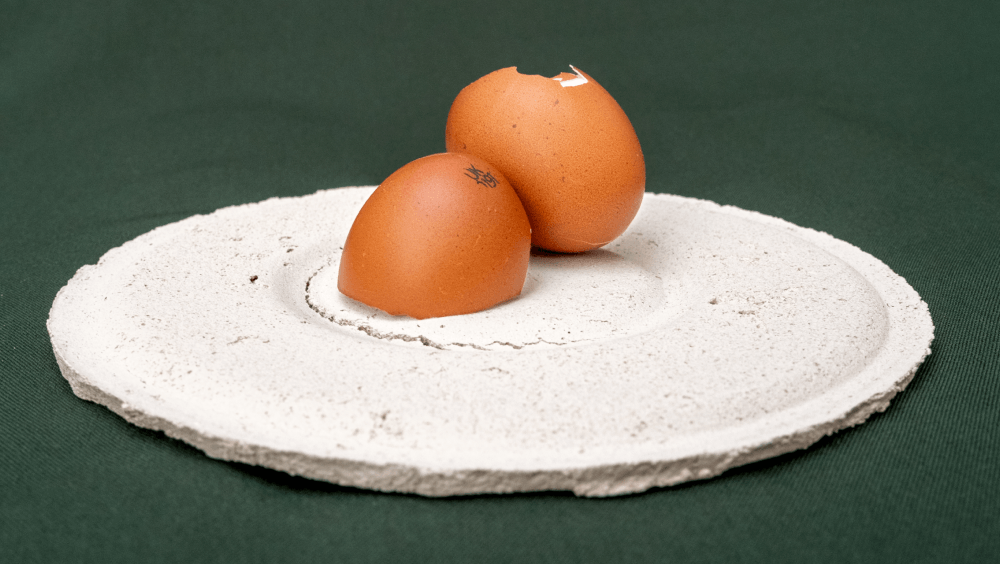 A pair of eggshell halves resting on a handmade bioceramic stand